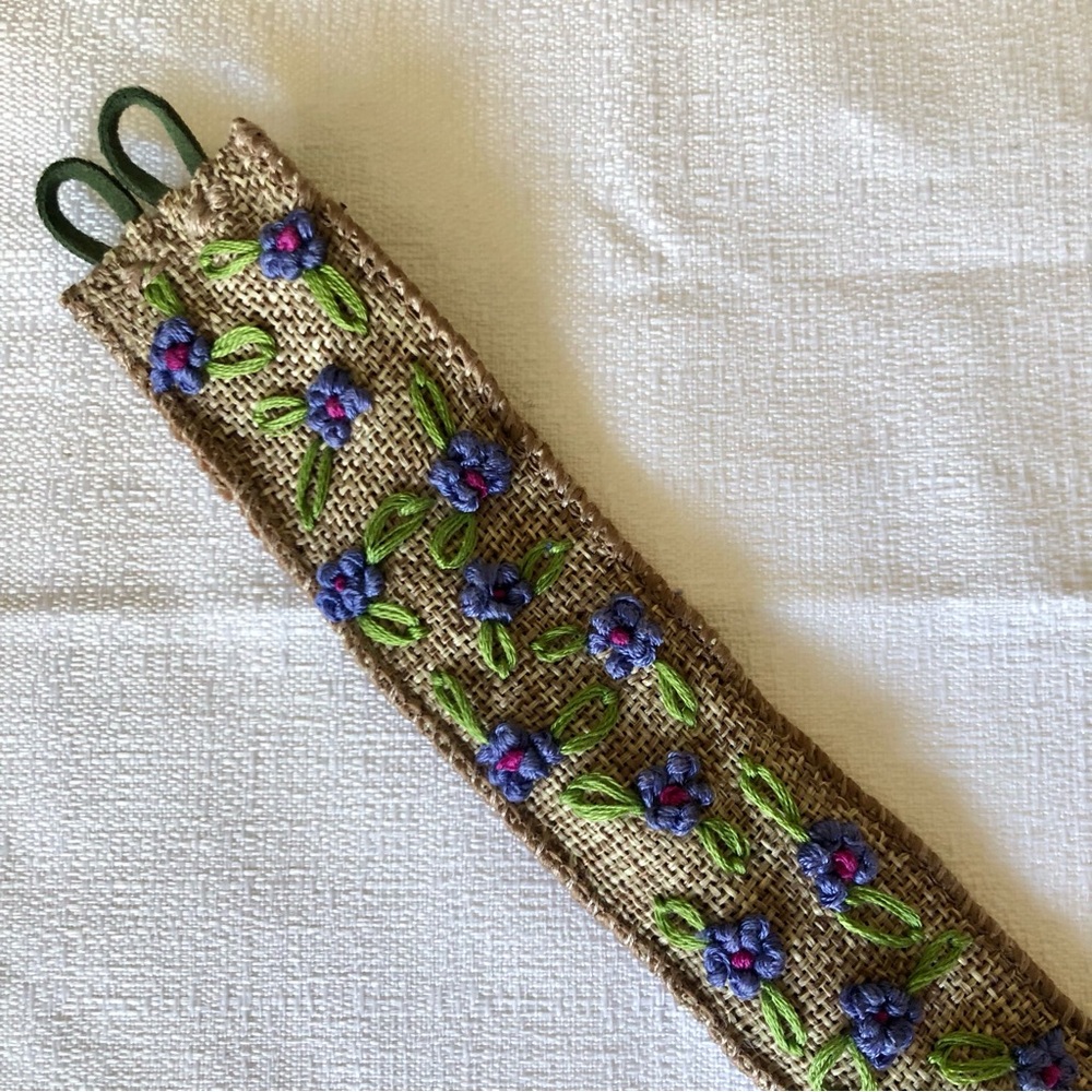 Boho Periwinkle Purple Flowers Embroidered  Bracelet Cuff Pink Green l floral